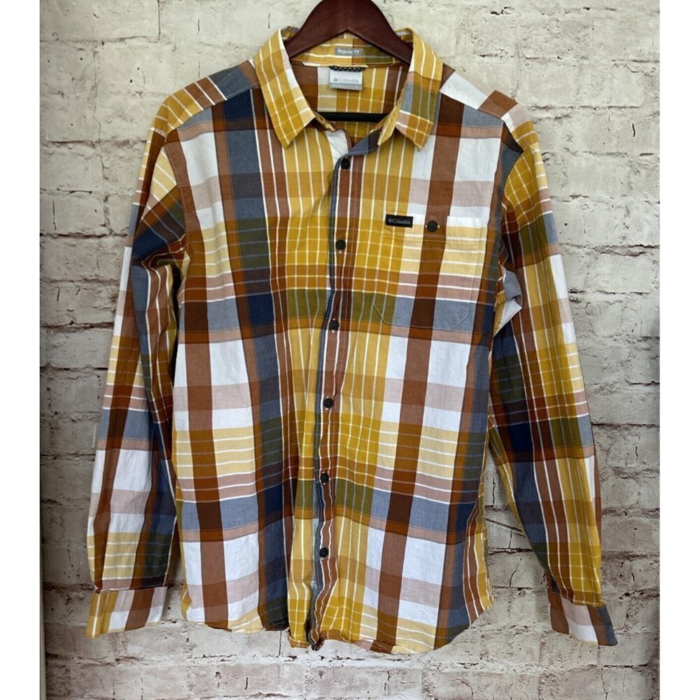 Columbia Men's Large Plaid Long Sleeve Button Up Shirt Regular Fit Stretch